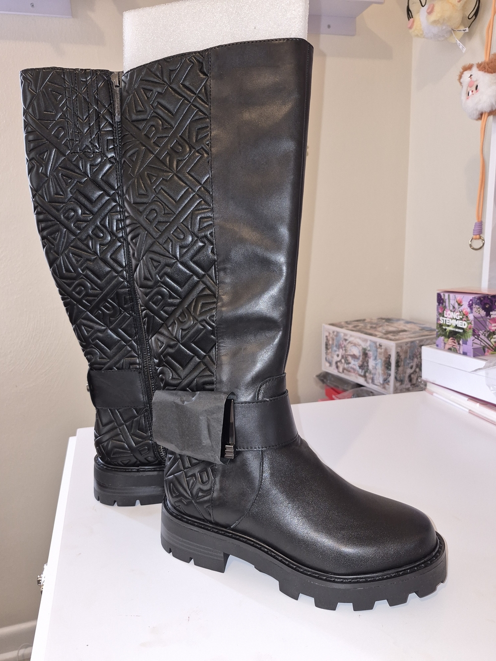 Karl Lagerfeld Black Leather Over-the-Knee Buckle Boots - Picture 3 of 5